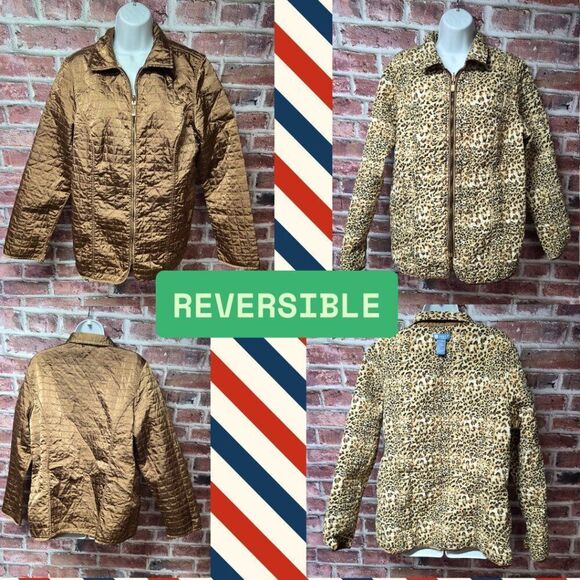 Vintage 90s Koret Reversible Puffer Jacket 16W Brown Animal Print Studded Hem - Picture 1 of 9